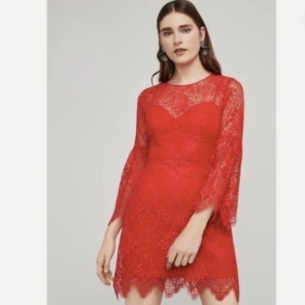 Bcbg Max Azria Daniela Dress Red Lace Bell Sleeve Mini Cocktail Nwt 2